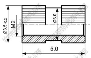 BLZE-020050 втулка резьбовая закладная круглая со сквозным отверстием; M2; L=5,0мм; латунь