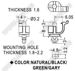 LCUAC-3L (GREEN) фиксатор печатной платы; нейлон-66 (UL); зеленый