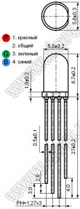 BL5039RGBAA светодиод полноцветный; 5,0x8.7мм; красный 620-625нм; зелёный 515-520нм; синий 465-470нм; IVR=4000-5000мКд; 2θ½=45°; IVG=16000-18000мКд; IVB=6000-8000мКд; общий анод (ОА)