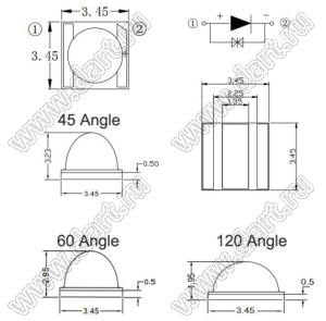 HYQ35G45N400KN-D1 светодиод ультрафиолетовый для поверхностного (SMD) монтажа; типоразмер 3535; 400...410нм; 3,0...3,4V; P=1300...1500мВт; 355мВт/ср; 120°; Pd=3мВт