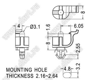 LCUAC-11R(B) фиксатор печатной платы; нейлон-66 (UL); черный