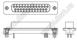 DS1034-25F-BR (5502-25S-BR, DP-25F, 2-5747708-0) розетка прямая D-SUB для пайки в плату; 25-конт.; защелки в плату