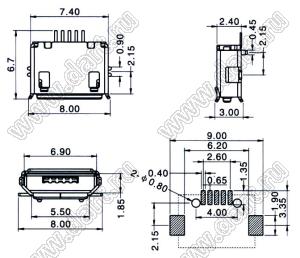US01-571 розетка микро USB2.0 для поверхностного (SMD) монтажа, тип B, 5 конт.