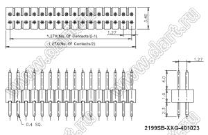 2199SB-100G-401023 (PLLD1.27-100) штыревая вилка открытая прямая двухрядная на плату для монтажа в отверстия, шаг 1,27x1,27мм, 2x50конт.