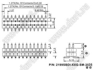 2199SBDI-100G-SM-3535 вилка штыревая открытая прямая двухрядная с двойным изолятором на плату для поверхностного (SMD) монтажа; шаг 1,27 x 1,27 мм; (2x50) конт.