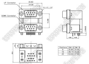 DS1082-01-09M09F0B24 блок разъемов D-SUB; H=15,88мм; вилка 9-конт./розетка 9-конт.; шестигранные резьбовые стойки и защелки в плату