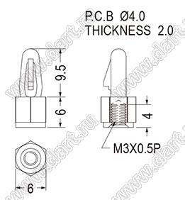 BSCB-6(B) фиксатор платы с защелкой в плату и отверстием с резьбой М3; A=6,0мм; B=4,0мм; нейлон-66 (UL); черный