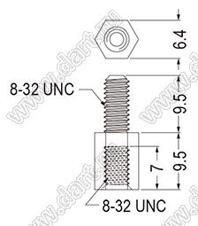 TP832-9.5 стойка шестигранная с внутренней и наружной резьбами 8-32 UNC; A=9,5мм; нейлон-46 (UL); черный