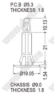 RCWB-21 фиксатор платы с двумя защелками; dп=5,3мм; s=1,6мм; d отв.=9,0мм; t=1,8мм; нейлон-66 (UL); натуральный