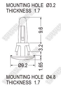 RCR-3.2 фиксатор платы с двумя защелками; dп=3,2мм; s=1,7мм; d отв.=4,8мм; t=1,7мм; нейлон-66 (UL); натуральный/черный