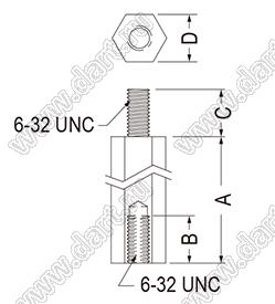 TP632-41.3L стойка шестигранная с внутренней и наружной резьбами 6-32 UNC; A=41,3мм; B=6,35мм; нейлон-66 (UL); натуральный