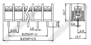 XY835A-8.25-06P-13 (DG35C-B-06P-12020000134) клеммник барьерный, выводы прямые в плату; шаг 8,25мм; I max=20/24А (стандарт UL/ICT); U=300/450В (стандарт UL/ICT); 6-конт.