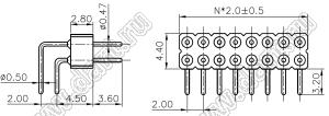 DS1004-01-2x40R1B (PDLM2-40R) вилка цанговая угловая двухрядная для выводного монтажа; P=2,0x2,0мм; 2x40-конт.