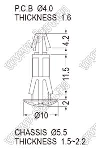 RCB-11.5 фиксатор платы с двумя защелками; A=11,5мм; D=4,0мм; S=1,6мм; d отв.=5,5мм; t=1,5...2,2мм; нейлон-46; черный