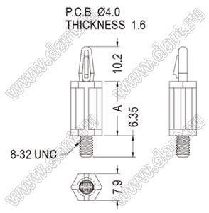 SCB832-6.35 фиксатор платы с защёлкой и резьбой 8-32 UNC; A=6,35мм; 8-32 UNC; нейлон-66 (UL); натуральный