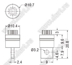 DP038A шестерня тормоза приборной дверцы; d=6,0мм; 12зуб.; пластик PC (UL); пластик POM (UL); черный