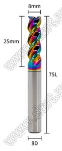 65-8x25x8x75L фреза концевая трехзаходная; D=8,0мм; Lc=25,0мм; 3 канавки