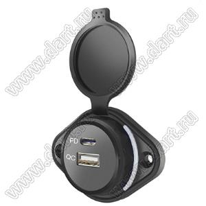 UCC-310W автомобильное двойное быстрое зарядное пылевлагозащищенное устройство с разъемами USB-3.0 и вольтметром; Uвх=7...32В; Uвых=5В; Iвых=3А; черный корпус, белая подсветка