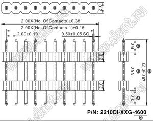 2210DI-38G-4600 вилка открытая прямая с двойным изолятором однорядная на плату для монтажа в отверстия, шаг 2,00 мм, L=12,0 мм, 38 конт.