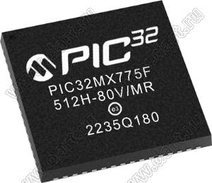 PIC32MX775F512H-80V/MR (QFN-64) микросхема 32-разрядный микроконтроллер с графическим интерфейсом, USB, Ethernet, CANx2; Uпит.=2,3... 3,6В; -40…+105°C