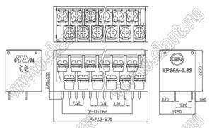 KF24A-7.62-22P-13 клеммник барьерный, корпус двухрядный, с крышкой; шаг=7,62мм; I max=20/24А (стандарт UL/ICT); U=300/250В (стандарт UL/ICT); 22-конт.