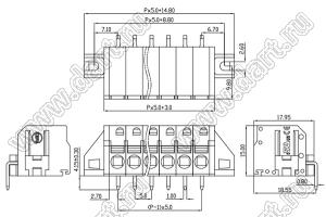 KF450RM-5.0-01P-17 клеммник нажимной, угловой, с монтажными ушами; шаг=5мм; I max=20/18А; U=300/300В; 1-xx-конт.