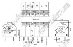 KF250NH-3.81-01P-14 клеммник нажимной, прямой, с входами проводов под углом; шаг=3,81мм; I max=8/15А; U=300/250В; 1-xx-конт.