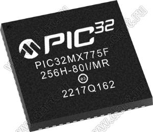 PIC32MX775F256H-80I/MR (QFN-64) микросхема 32-разрядный микроконтроллер с графическим интерфейсом, USB, Ethernet, CANx2; Uпит.=2,3... 3,6В; -40…+85°C