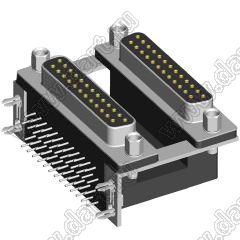 DS1082-01-25F25F0B24 блок разъемов D-SUB; H=15,88мм; розетка 25-конт./розетка 25-конт.; шестигранные резьбовые стойки и защелки в плату