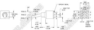 ES-5H-T5CR-H (DPDT) переключатель рычажный (тумблер); DPDT; прямой; (ON)-OFF-(ON); герметичный IP67; длм=ина токателя=3,50мм; толкатель=медный сплав хромированный