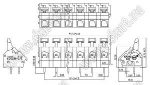 KF243-7.5-01P-11 клеммник нажимной, прямой, с входами проводов под углом 45 град; шаг=7,5мм; I max=15/17А; U=300/750В (UL/CE); 1-xx-конт.