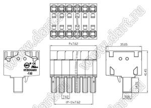 KF2EDGAKHG-7.62-07P-14 прямая с пружинными зажимами проводов двухвходовая с боковыми защелками; шаг 7,62мм; I max=31/41А (UL/ICT); U=600/1000В (UL/ICT); 7-конт.