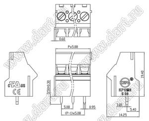 KF129S-5.08-03P-14 клеммник винтовой, однорядный, прямой; шаг=5.08мм; I max=20/24А (стандарт UL/ICE); U=300/250В (стандарт UL/ICE); 3-конт.