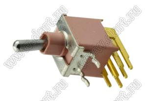 ES-7H-T3R-S-H (DPDT) переключатель рычажный (тумблер); DPDT; угловой; (ON)-OFF-(ON); герметичный IP67; длм=ина токателя=8,13мм; толкатель=медный сплав хромированный