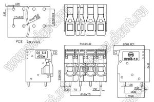 KF206-7.5-06P-14 клеммник нажимной, прямой; шаг=7,5мм; I max=27/41А; U=300/1000В; 6-конт.