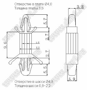 CS-0610 фиксатор платы с двумя защелками; A=9,6мм; D=4,0мм; S=1,6мм; d=4,8мм; t=0,8...2,2мм; нейлон-66 (UL)