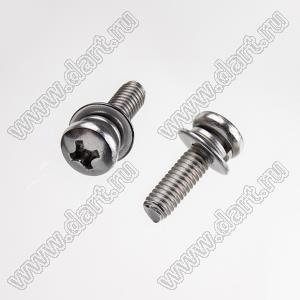 BLSW-040140SS винт с полукруглой крестовой головкой и напрессованными шайбой гровера и плоской шайбой по JIS B 1188 (T1A)-1995; M4x14мм; L=14мм; сталь нержавеющая AISI 304