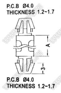 LCC-36 фиксатор платы с двумя защелками; A=36,0мм; dп=4,0мм; s=1,2...1,7мм; d отв.=4,0мм; t=1,2...1,7мм; нейлон-66 (UL); натуральный