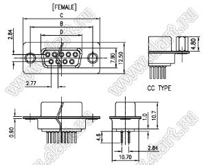 DS1034-25F-CC (5502-25S-CC, DP-25F) розетка прямая D-SUB для пайки в плату; 25-конт.; гайки впереди