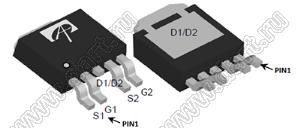 AOD607A (TO252-5L) сборка два комплиментарных SMD полевых транзистора с изолированными затворами; N-канал/P-канал; Uси=30/-30В; Iс=8/-12мА; RDS(ON)=25/27(Ом) (max при VGS=10V)