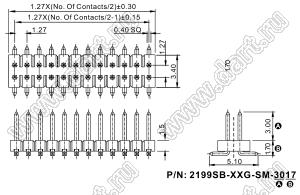 2199SB-062G-SM-3017-CP вилка штыревая открытая прямая двухрядная на плату для поверхностного (SMD) монтажа с захватом; шаг 1,27 x 1,27 мм; (2x31) конт.