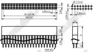 2214113-46G-2C розетка двухрядная с увеличенным изолятором на плату для монтажа в отверстия; шаг 2.54мм; P=2,54x2,54мм; C=9,65мм; D=13,59мм; 46-конт.