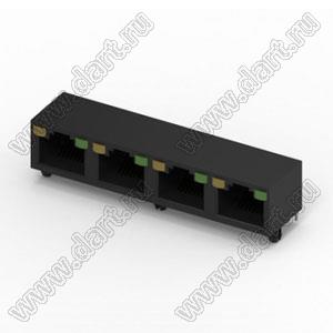 211B-14C0A-R разъем RJ45, 1х4, угловой, верхняя защелка, DIP, без EMI, со светодиодом