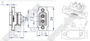XT60NE-F розетка на провод с фланцем на панель; 2-конт.