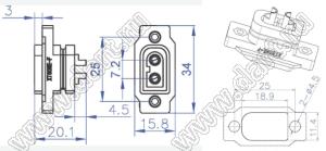 XT60NE-F розетка на провод с фланцем на панель; 2-конт.