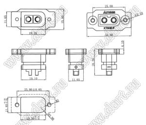 XT60E-F розетка с фланцем на панель; 2-конт.