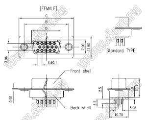 DS1035-44F (5508-44S-02, DHS-44F) розетка D-SUB "высокой плотности" для пайки на кабель; 44-конт.; без гаек