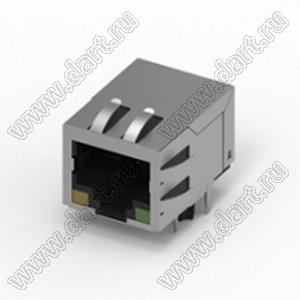 214A-11CAA разъем RJ45 (PoE) угловой, нижняя защелка, DIP, экранированный, со светодиодом, 5u"