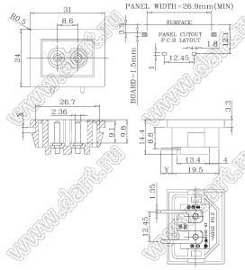 JR-201SB(PCB) разъем IEC 60320 (C8) сетевого питания; 250 B; 2,5 A