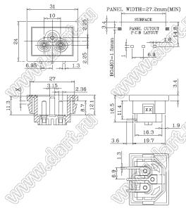 JR-307SB1(PCB)(SNAP-IN TYPE) разъем IEC 60320 (C6) сетевого питания; 250 B; 2,5 A